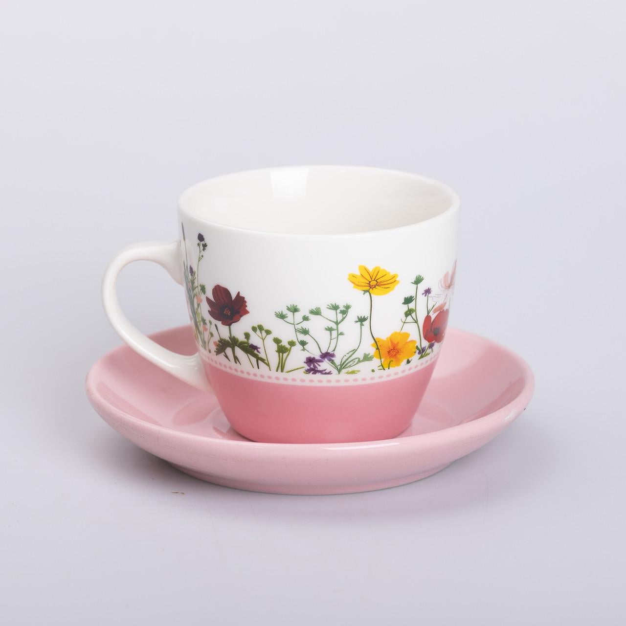 Чашка з блюдцем керамічна для чаю та кави 250 мл Рожевий (5759)