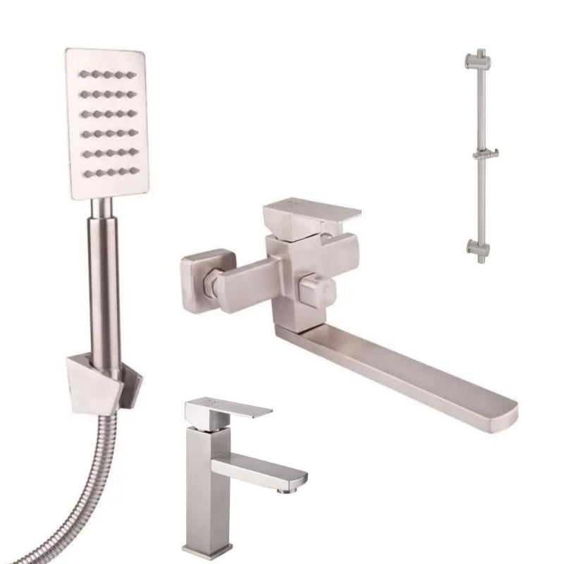 Змішувач для ванни Lidz Kubis довгий вилив/змішувач для раковини низький вилив та стійка для душу