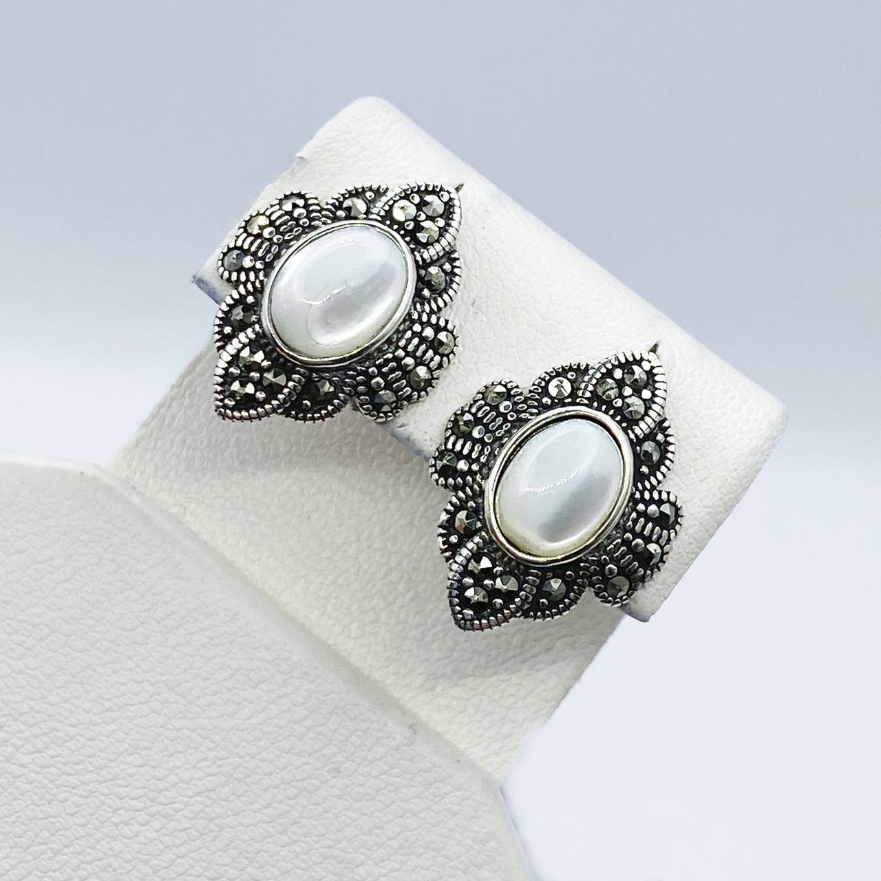 Серьги серебряные с перламутром и марказитом 5,23 г (2230300653)