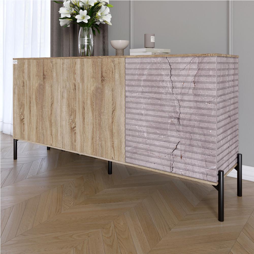 Комод закрытый в гостиную на черных металлических ножках Lion Грей 154x38x76,5 см Дуб сонома трюфель/Камень (Lion-041796)