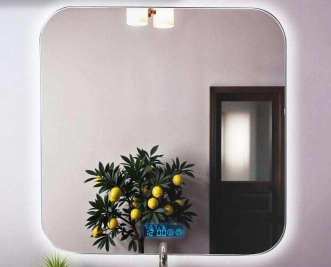 Зеркало для ванной комнаты настенное KAYFOVO с LED подсветкой/сенсорной смарт панелью/подогревом/информационным дисплеем 70х70 см (334174)