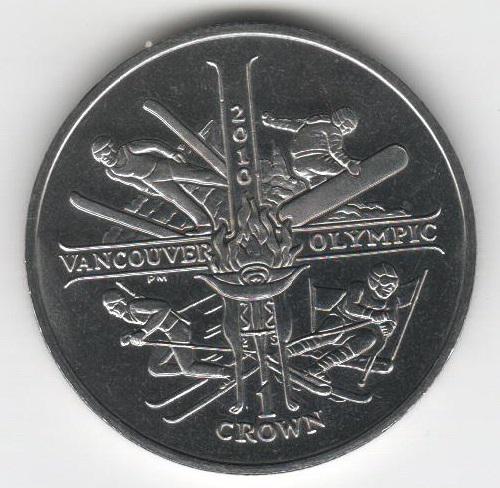 Коллекционная монета Остров Мэн 1 крона 2009 Зимняя олимпиада в Ванкувере UNC Разновидность 2 (KM#1413)