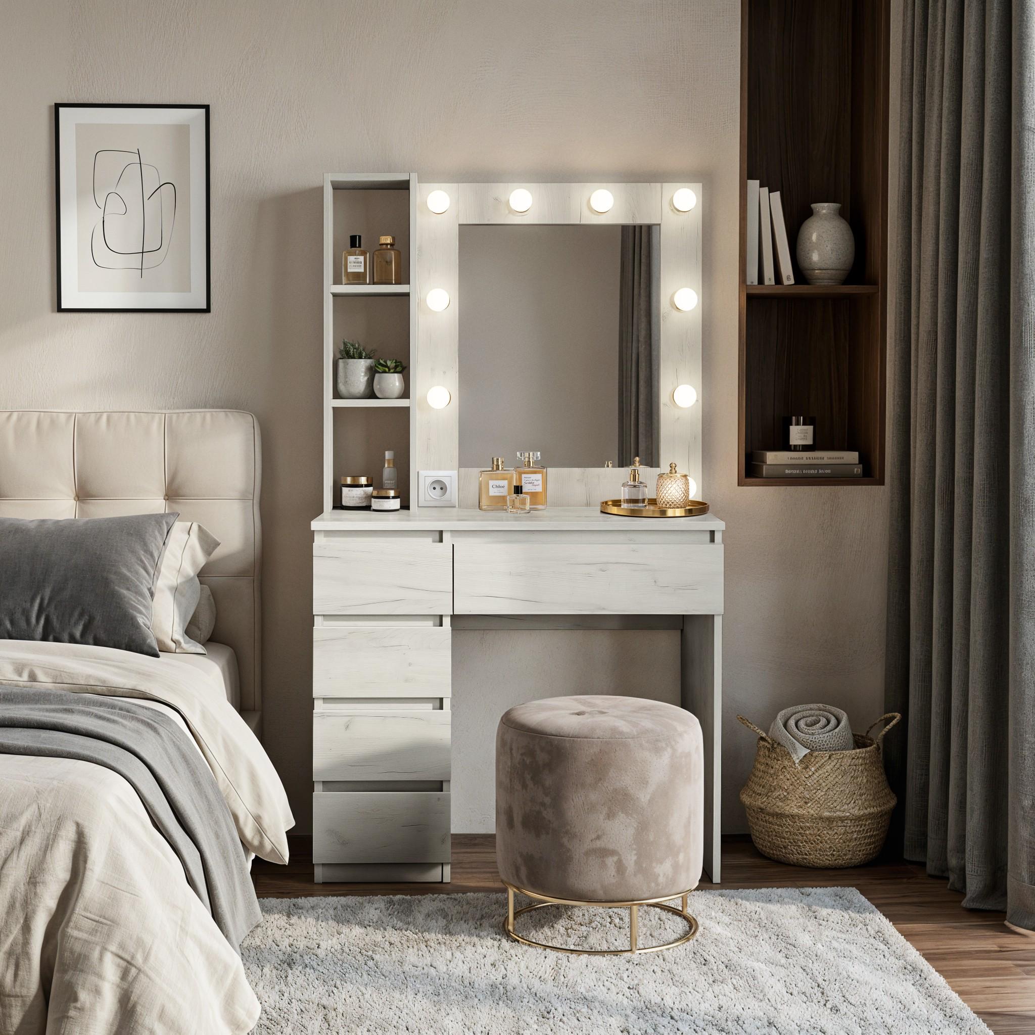 Туалетный столик с лампочками STPP 900x500x1600 мм Дуб Крафт Белый (31549090)