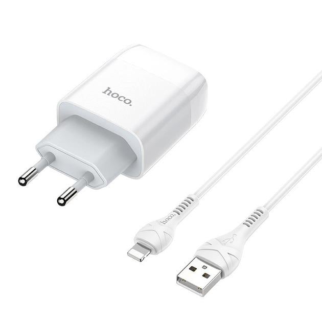 Пристрій мережевий зарядний Hoco C73A 2USB/2,4 A з кабелем для заряджання USB/Lightning Білий