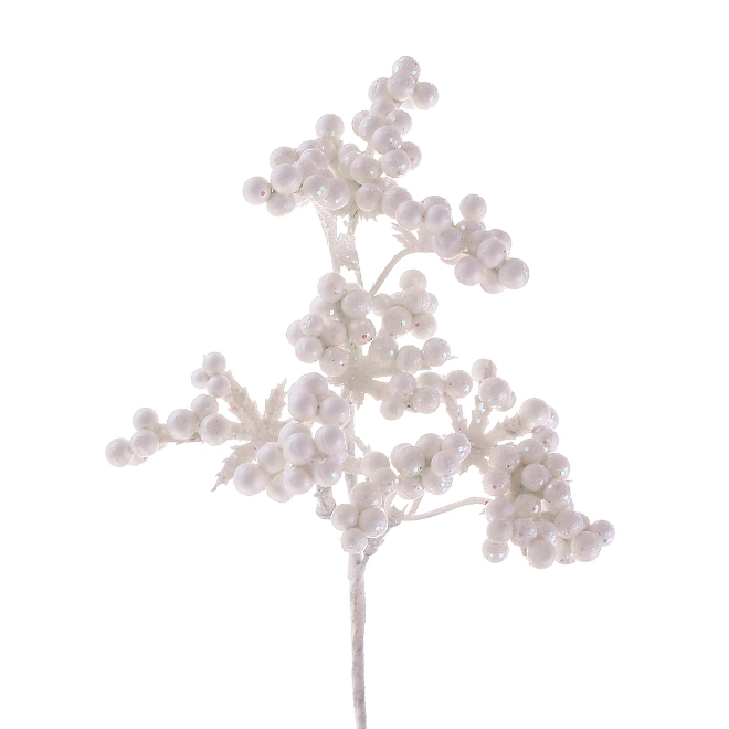 Веточка новогодняя с белыми ягодками 20 см (13636)