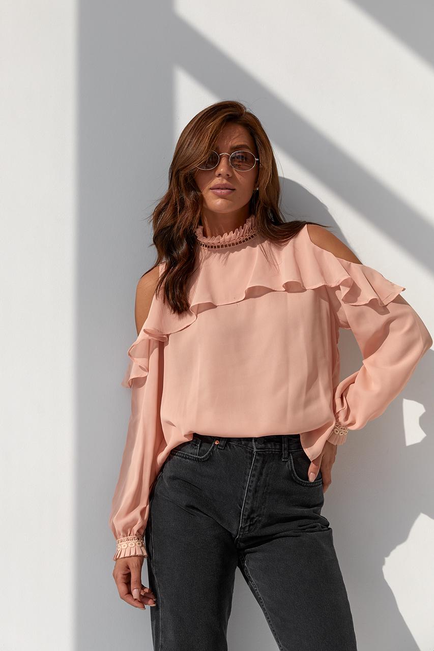 Блуза шифонова Last Girl з оголеними плечима M Пудровий