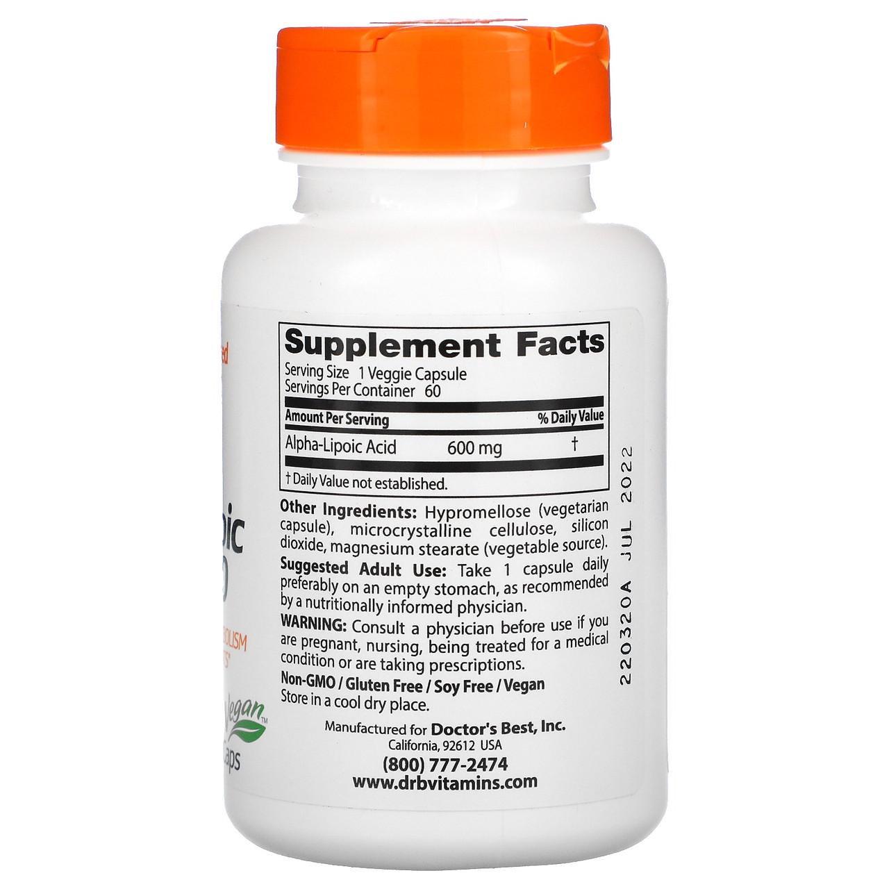 Альфа-Ліпоєва кислота Doctor's Best Alpha-Lipoic Acid для метаболізму глюкози 60 капс. 600 мг - фото 2