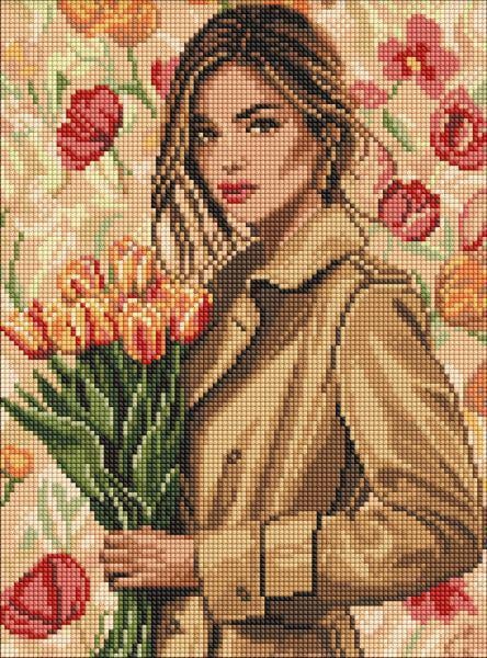 Алмазна мозаїка Ideyka Дівчина у пальто з тюльпанами 30x40 см (Id-AMO8221)