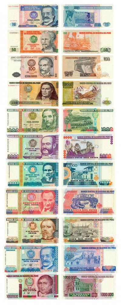 Коллекционная банкнота Перу набор из 11 банкнот 1985-1991 UNC от 10 до 1000000 инт (Б15350)