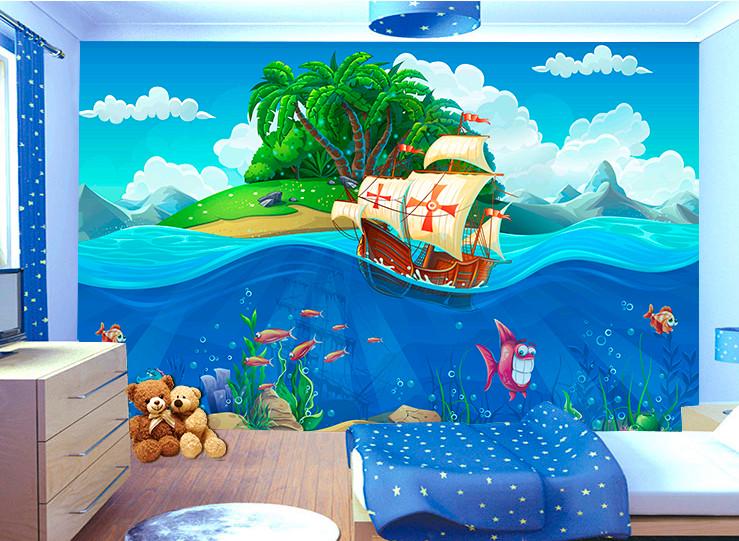 Фотообои 3D для детской комнаты Корабль и подводный мир