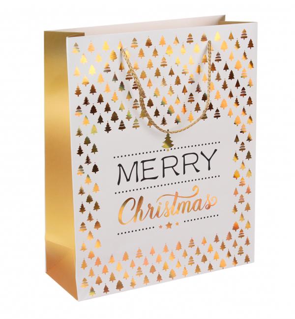 Пакет новорічний Christmas trees ламінований картон 26x32x10 см Gold (13289776)