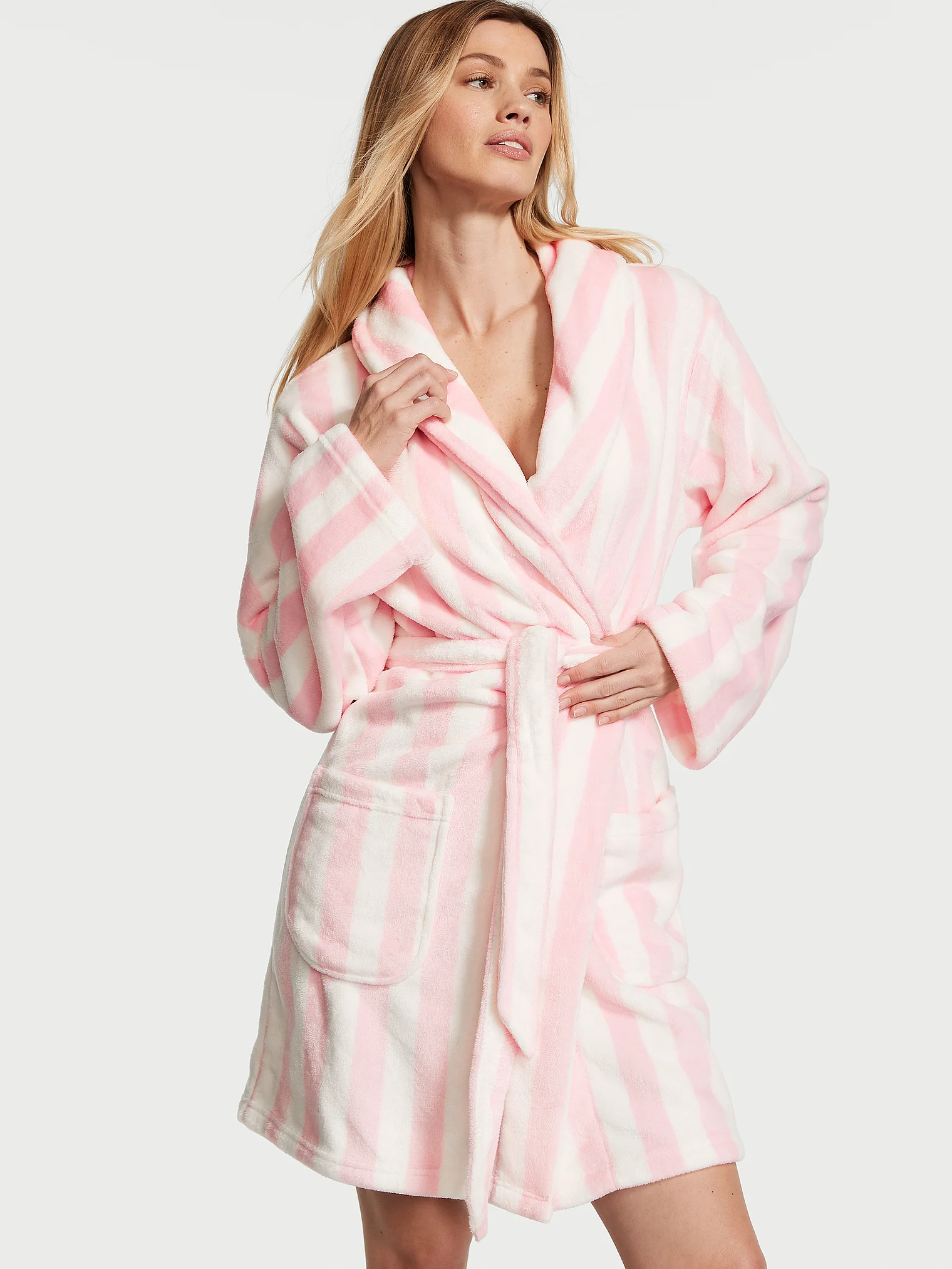 Халат жіночий Victoria's Secret Short Cozy Robe плюшевий в рожеву смужку M/L Білий (18244320)