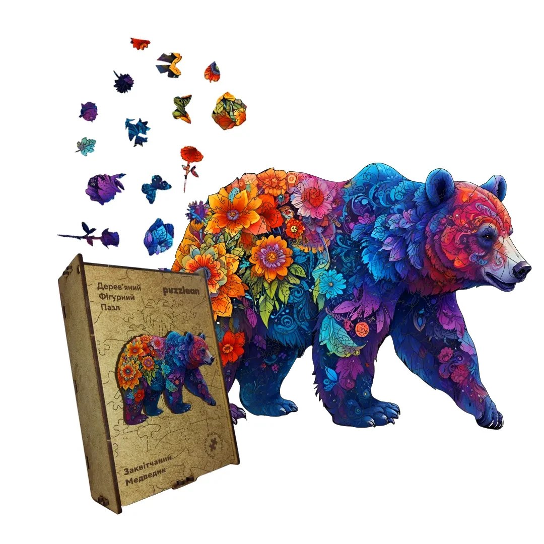 Пазл деревянный Цветущий Мишка А4 картонная коробка