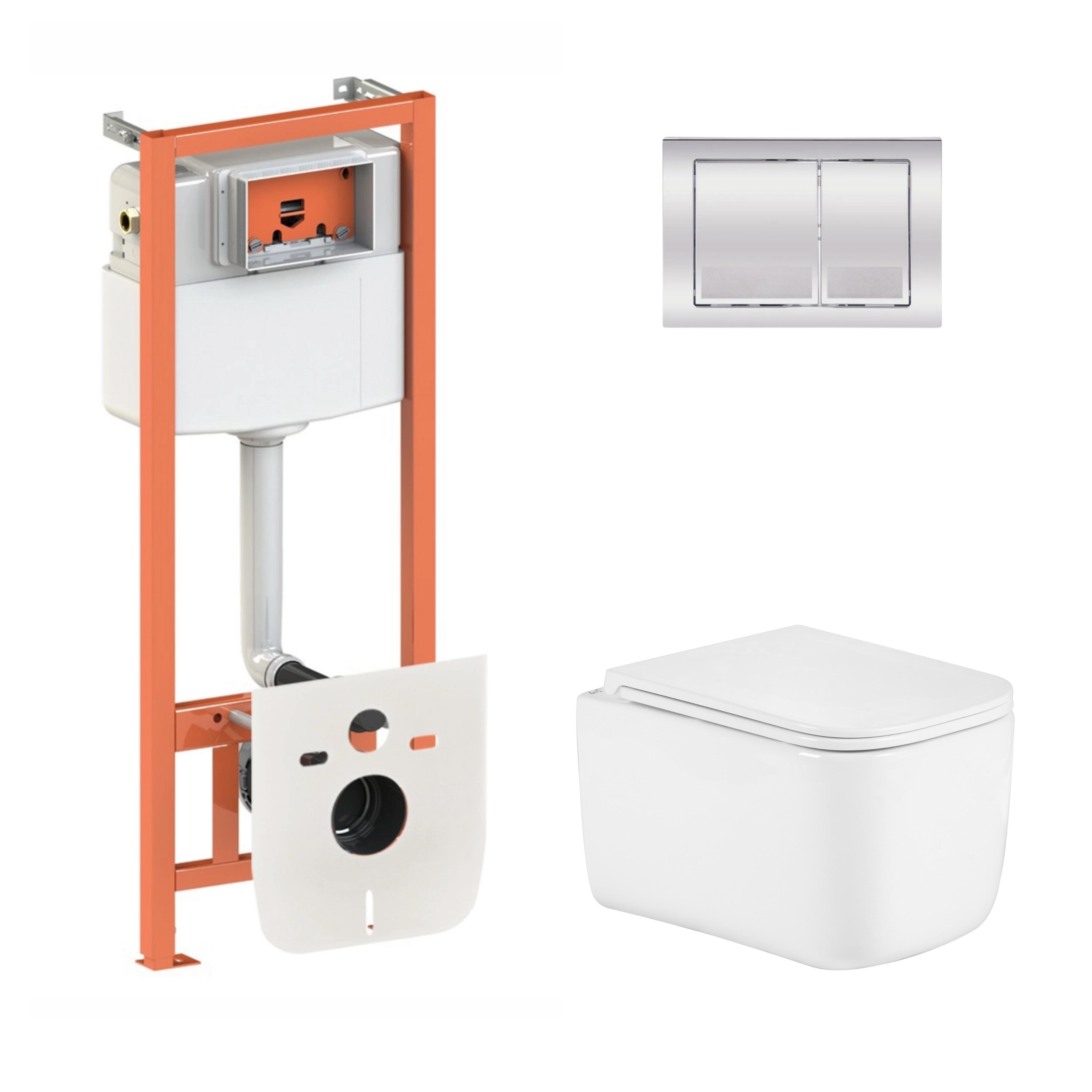 Комплект инсталляции Q-tap ​​Nest 4в1 унитаз подвесной Gemini Ultra Quiet 485х340х350 мм/квадратная клавиша Chrome (32806127)