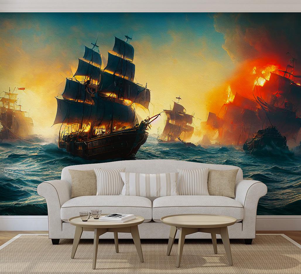 Фотошпалери флізелінові в вітальню Битва кораблів 3D 100х100 см (4017)