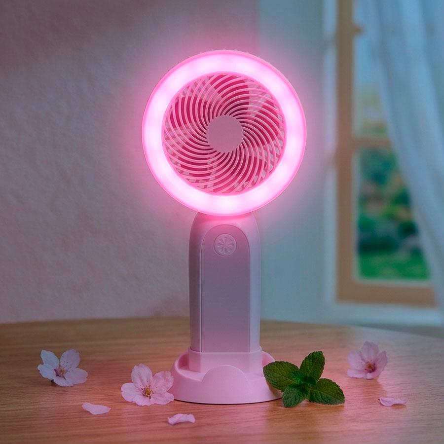 Мини-вентилятор ручной Handheld fan аккумуляторный с подставкой для телефона и подсветкой Розовый (1011153-Pink-3)