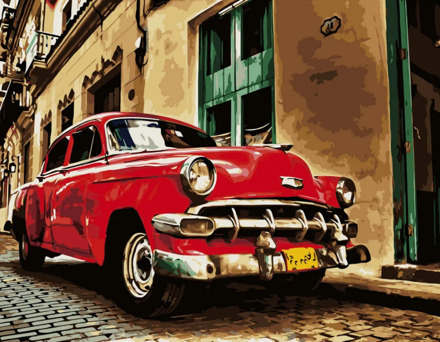 Картина по номерам Strateg Красная ретро машина с лаком и уровнем 40x50 см (VA-2741)