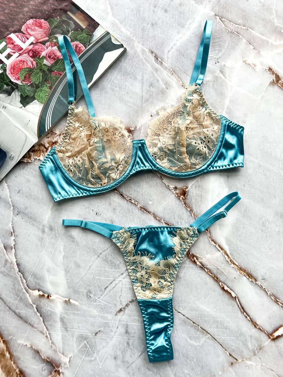 Комплект нижнего белья с кружевом L Голубой (DO2153)
