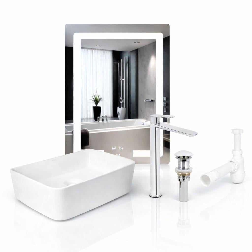 Комплект Готовое решение для ванной LED-зеркало 600х800/накладная раковина 480х370/высокий смеситель/донный клапан/сифон