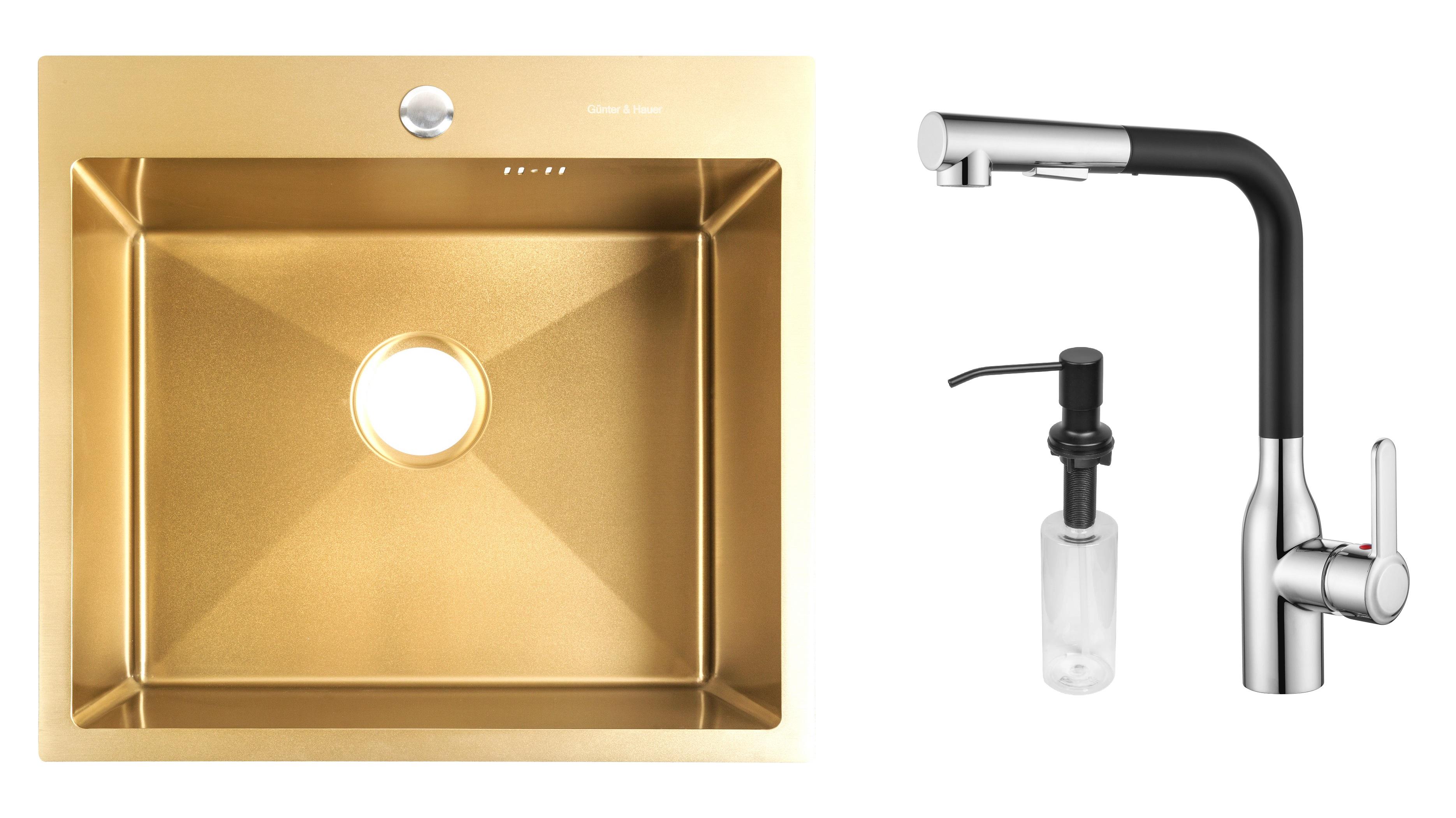 Комплект из кухонной мойки Gunter&Hauer Mindel 5522 Gold кухонного смесителя Gunter&Hauer DUNKEL Cr-Bl и дозатора Gunter&Hauer SOAP DISPENSER Black