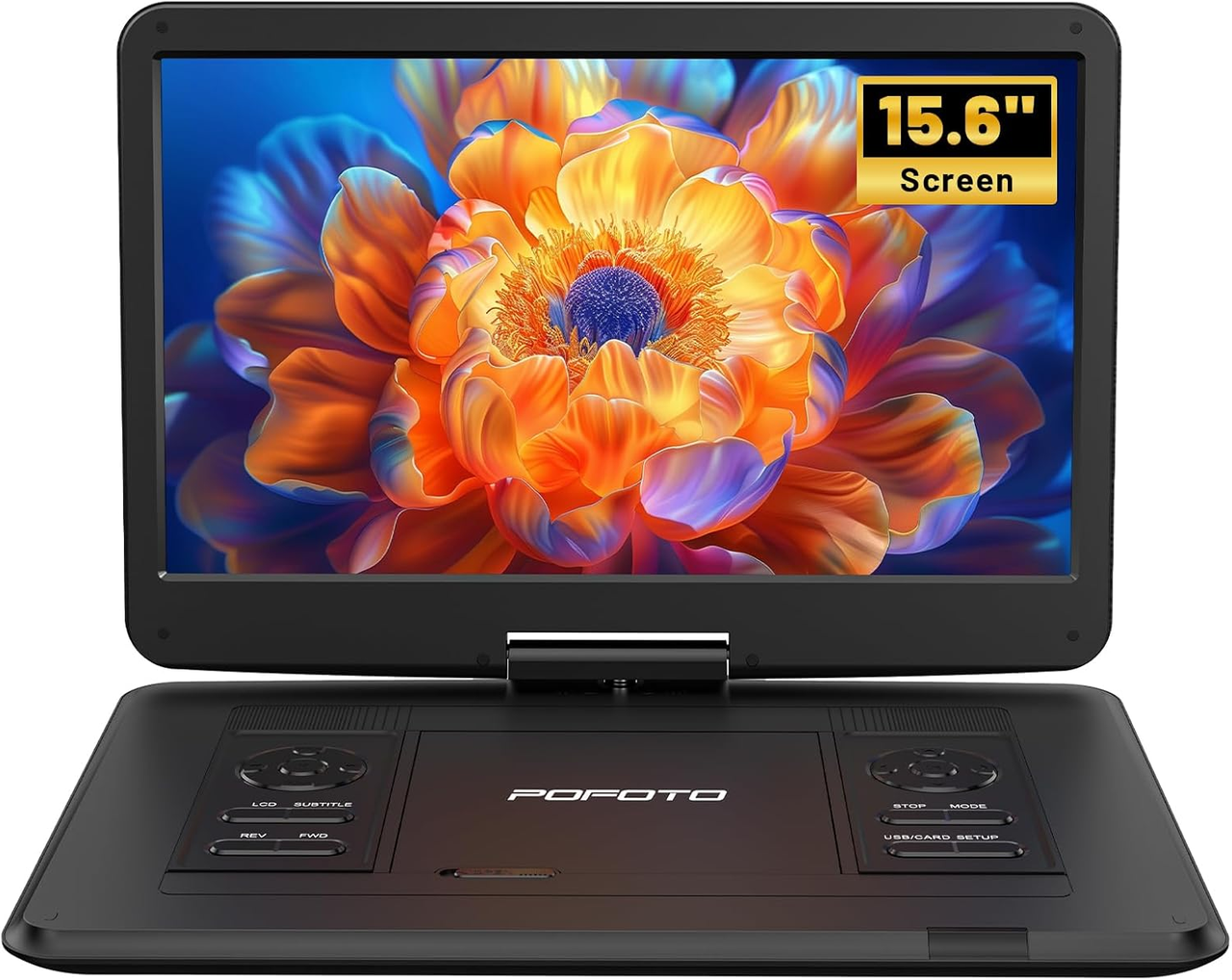 Портативный DVD-плеер POFOTO HD 15,6" 5000 мАч/поворотный дисплей 270°/AV-выход/USB/SD Черный Портативный DVD-плеер POFOTO HD 15,6" 5000 мАч/поворотный дисплей 270°/AV-выход/USB/SD Черный