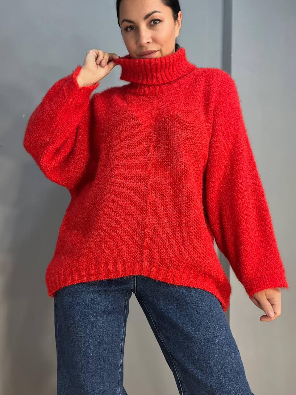 Светр жіночий MY FASHION 3267 павутинка оверсайз широкий комір хомут подовжений р. 44-48 Червоний (3118) - фото 9