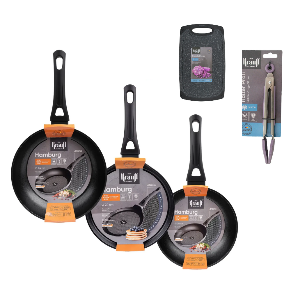 Набор сковородок Krauff Hamburg с кухонной доской и щипцами 20/24/28 см (55-333-476)