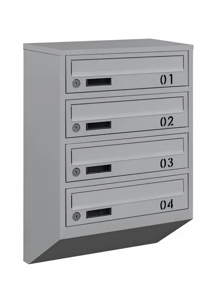 Ящик почтовый многосекционный Галіндустрія E1-04-B на 4 квартиры из металла на замке 390х200х585 мм с номером Серый (124-119-000004713)