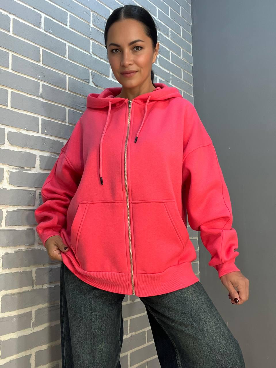 Толстовка жіноча QUZEN 482 подовжена на блискавці капюшон базова фліс утеплена OS Малиновий (981) - фото 3