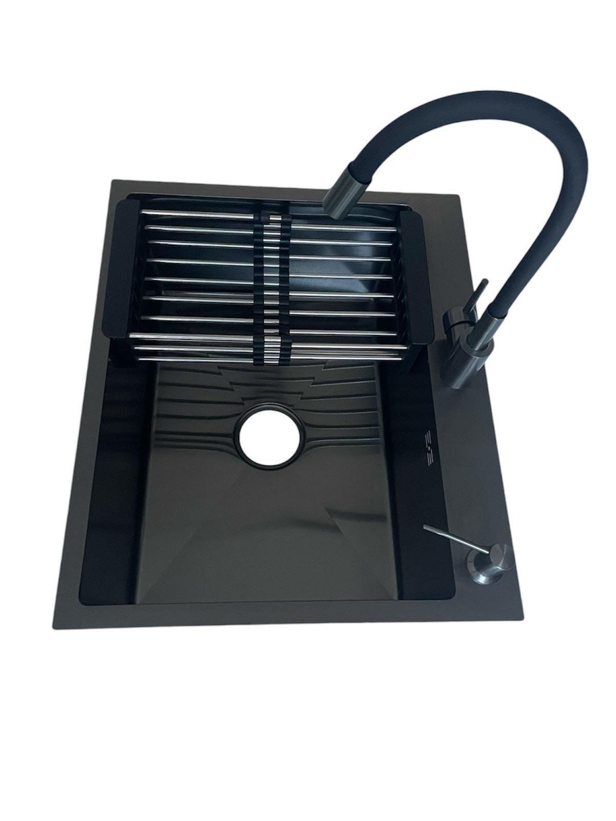 Мойка кухонная Lidz 6050 см и смеситель Kraft гибкий Черный