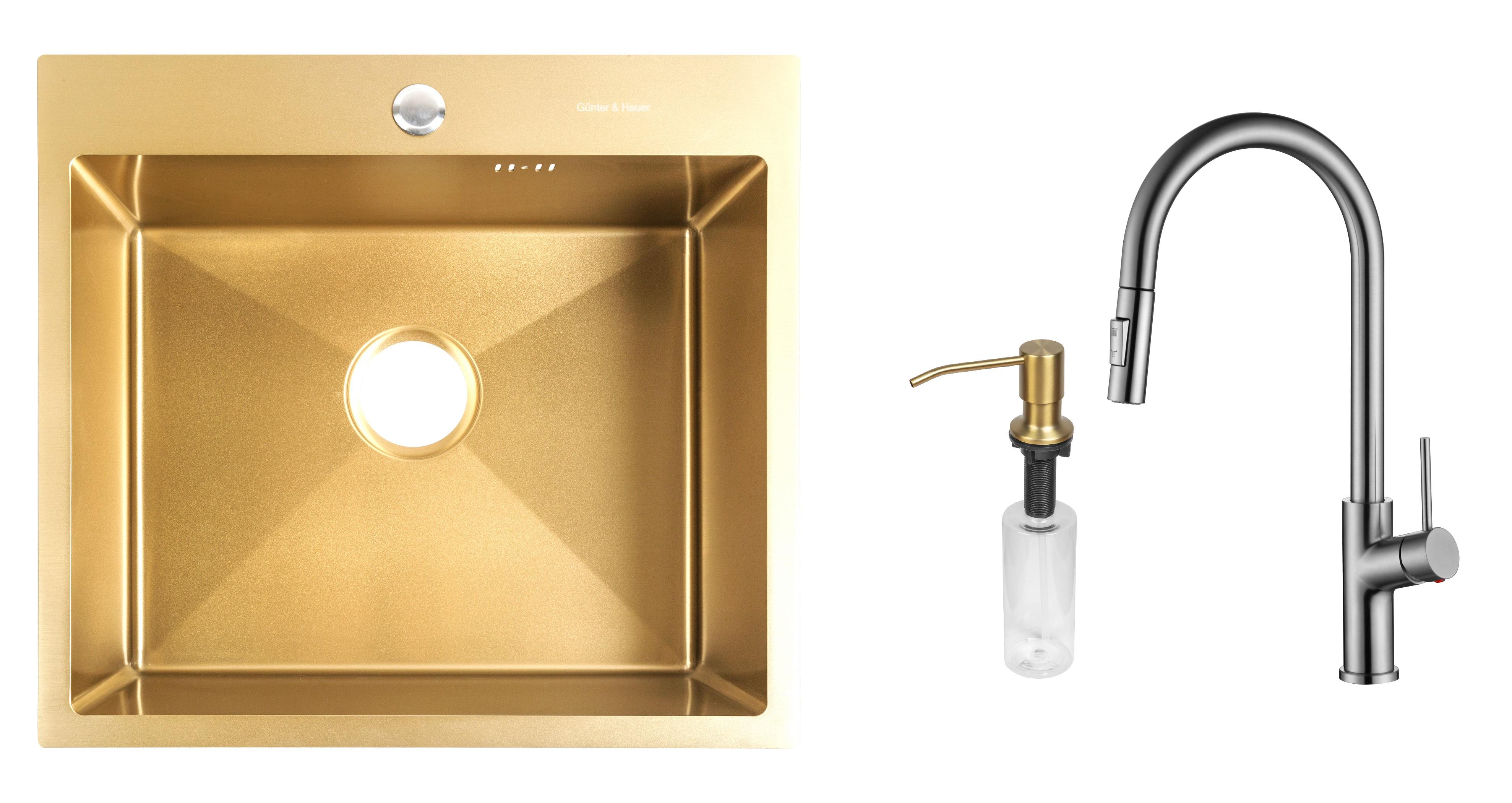Комплект из кухонной мойки Gunter&Hauer Mindel 5522 Gold кухонного смесителя Gunter&Hauer MOND Br и дозатора Gunter&Hauer SOAP DISPENSER Gold