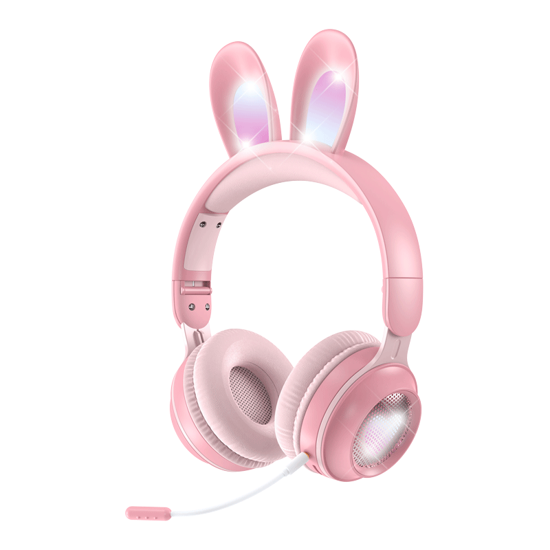 Бездротові дитячі навушники з ігровим мікрофоном вушками кролика та LED підсвічуванням Рожевий (KE-01)