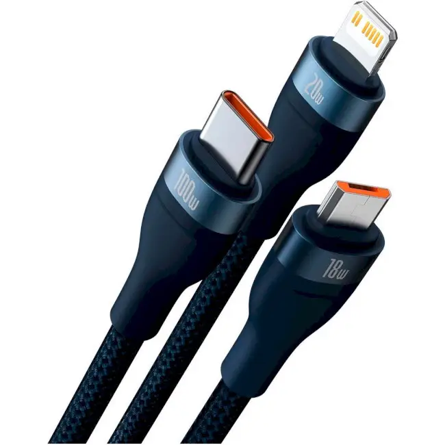 Кабель BASEUS Flash Series II 3в2Cable USB/Type-C to MicroUSB/Lightning/Type-C CASS030103 100W 1,2 м Blue - фото 2