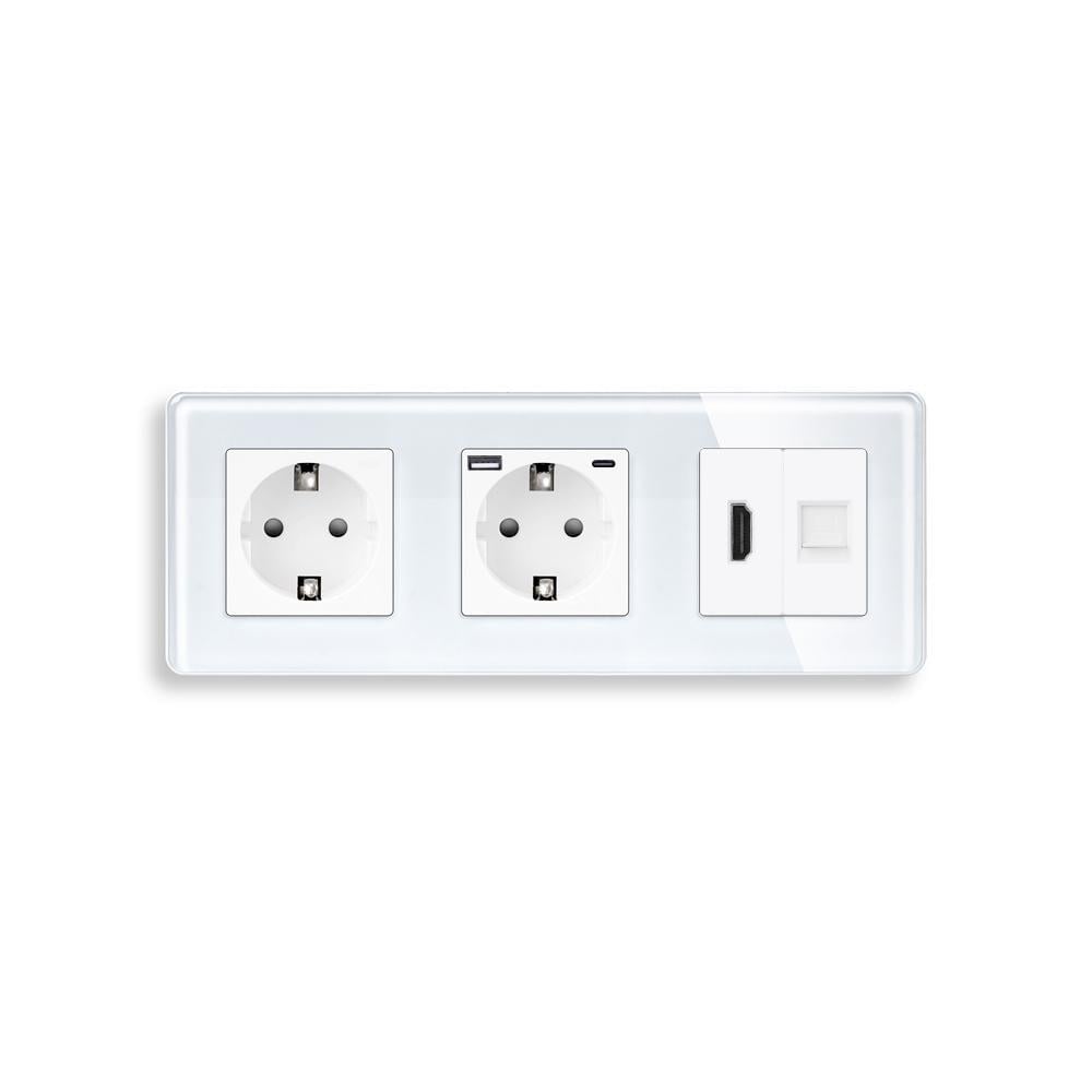 Розетка ELIOS с USB 20Вт HDMI/интернет RJ-45 с заземлением/шторками 250В 16А стеклянная рамка Белый (TW-M3FGACHDMICAT6-WT)