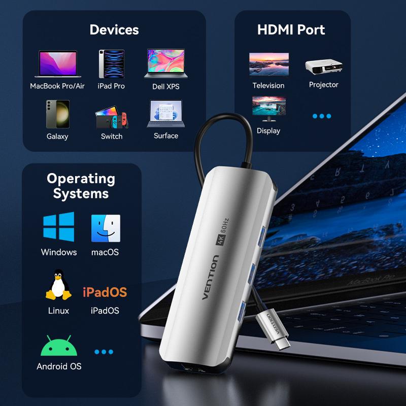 USB-хаб Vention Type-C-3x USB 3.0/5 Гбит/с HDMI 4K 60Hz/Type-C PD 100W/SD/TF карты RJ45 1 Гбит/с 3,5 мм minijack USB-C Серый (TQLHB) - фото 16
