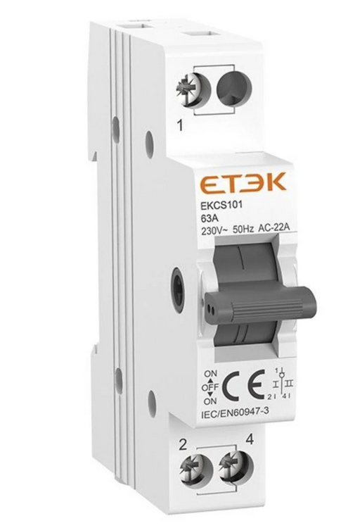 Переключатель ввода резерва ETEK EKCS101 40A 1P модульный двухпозиционный на DIN-рейку I-0-II (2786420)