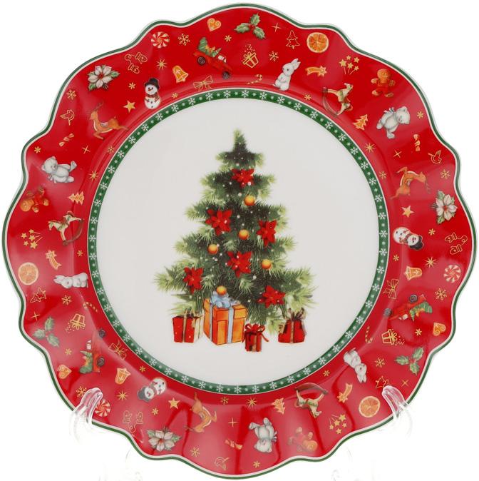 Тарелка обеденная Елка фарфоровая яркая 28 см Красная
