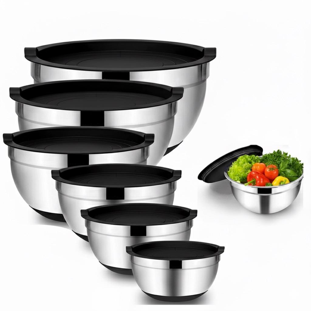 Набір металевих мисок з силіконовим дном і кришками 7 шт. 30-18 см Чорний (30226611)
