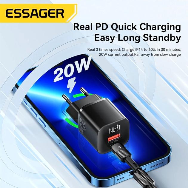 Зарядное устройство Essager Camber 20W GaN Travel Phone Charger USB A Type C EU Black (ECTAC-HMB01-P) - фото 4 Зарядное устройство Essager Camber 20W GaN Travel Phone Charger USB A Type C EU Black (ECTAC-HMB01-P) - фото 4
