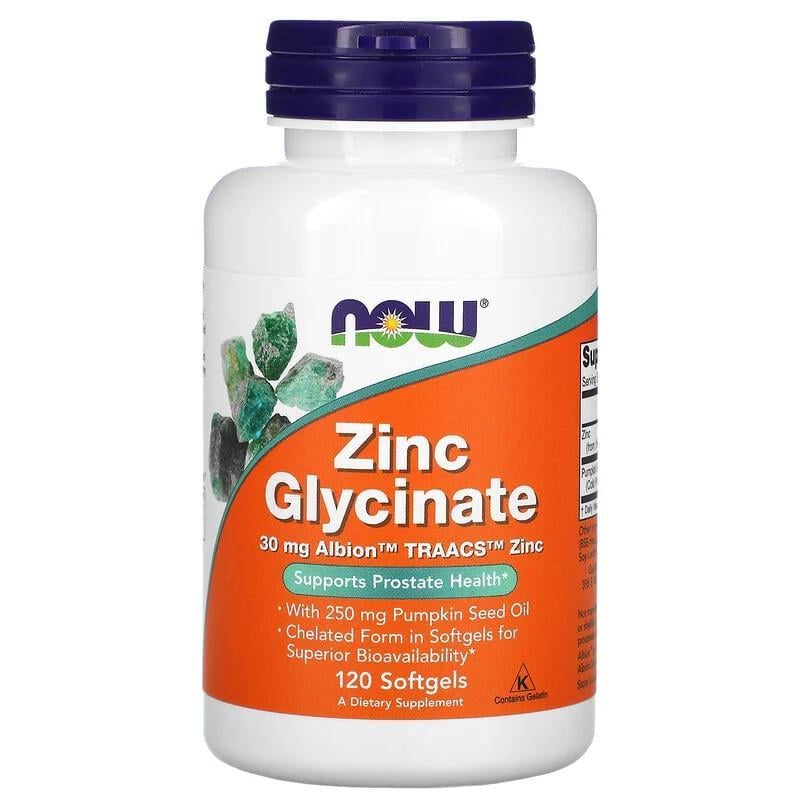 Цинк глицинат Now Foods Zinc Glycinate в хелатной форме с маслом семян тыквы 120 капс. 30 мг (1282918516)