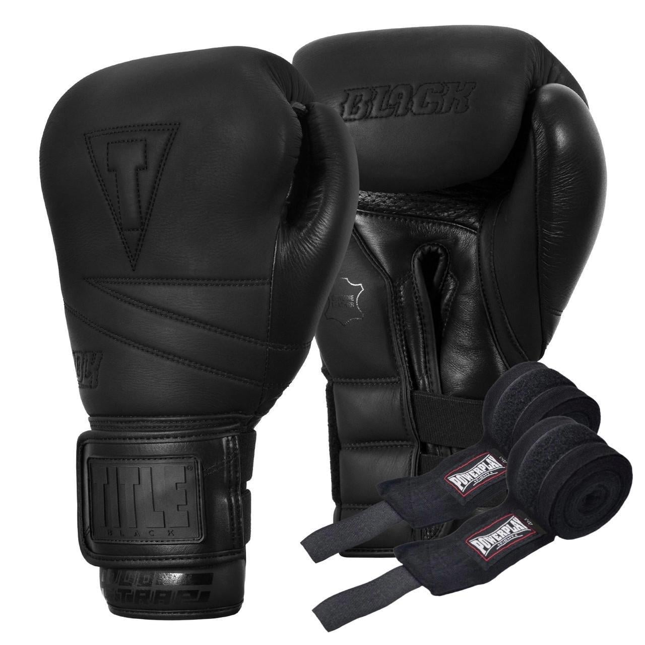 Боксерские перчатки TITLE Black Bolstered Leather 14 oz бинты 4 м в комплекте Black (3070041644)