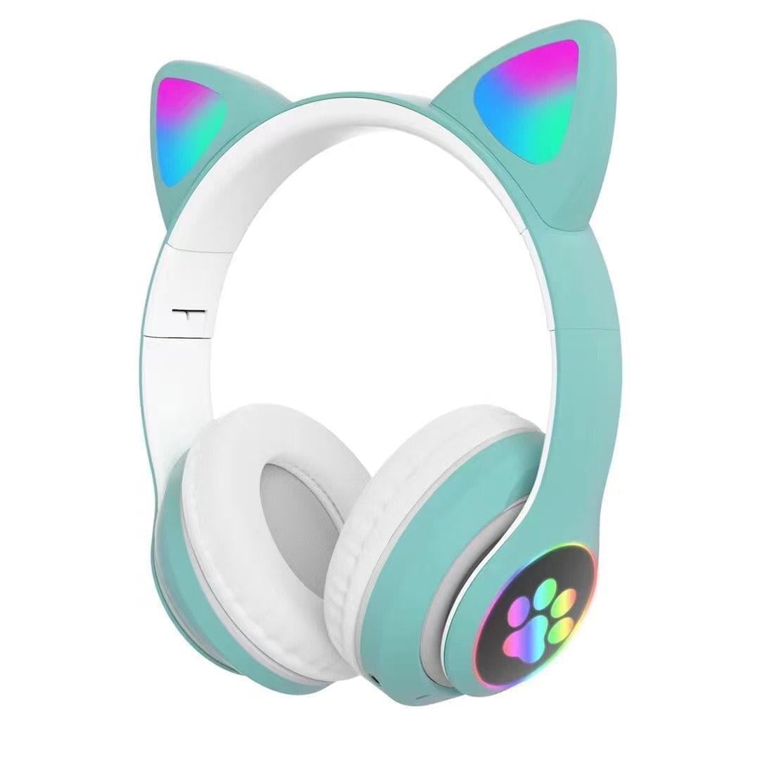Наушники беспроводные детские Мяу Cat с LED ушками на Bluetooth с микрофоном/AUX кабель Мятный (300-4-4)