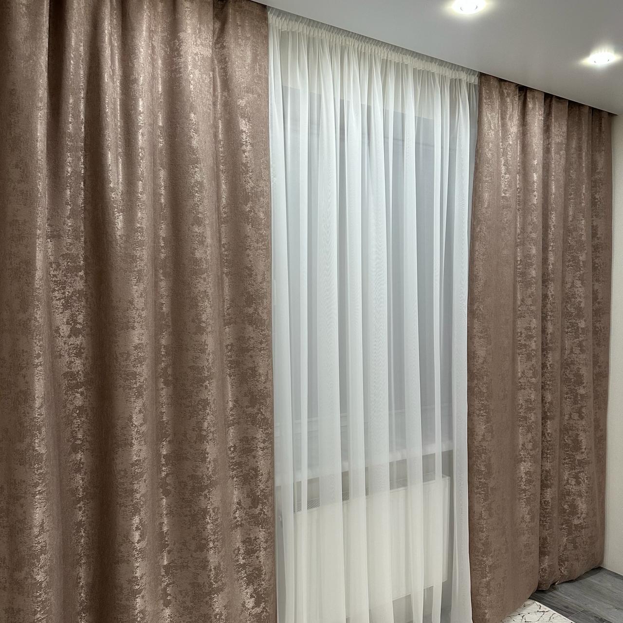 Шторы жаккардовые с мраморным узором среднее затемнение 1,5x2,7 м 2 шт. Кофейный (К1039-25) - фото 1