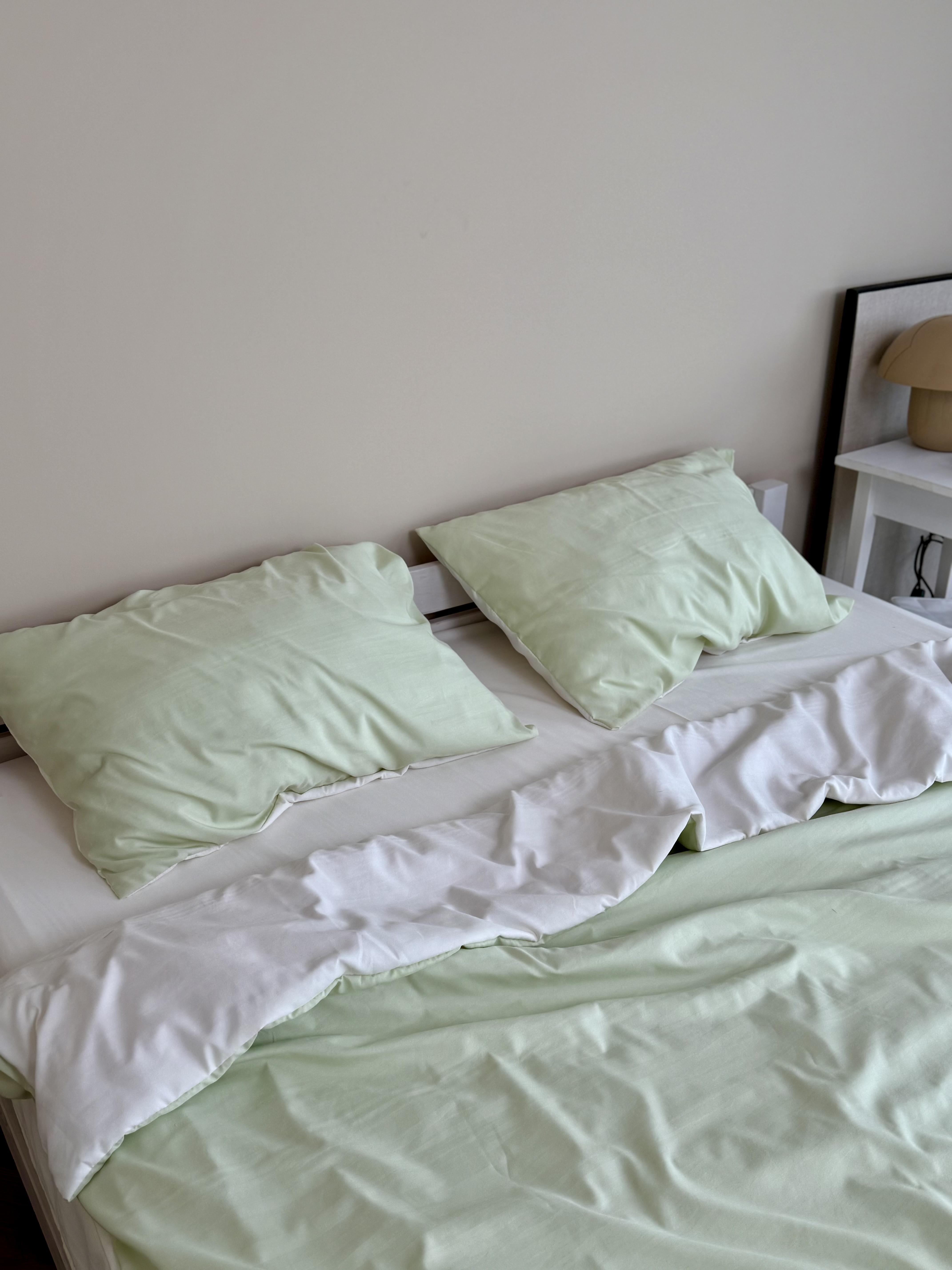 Комплект постельного белья Тень сатин семейный/наволочки 50х70/70х70 см Молочный/Салатовый (6851) - фото 3