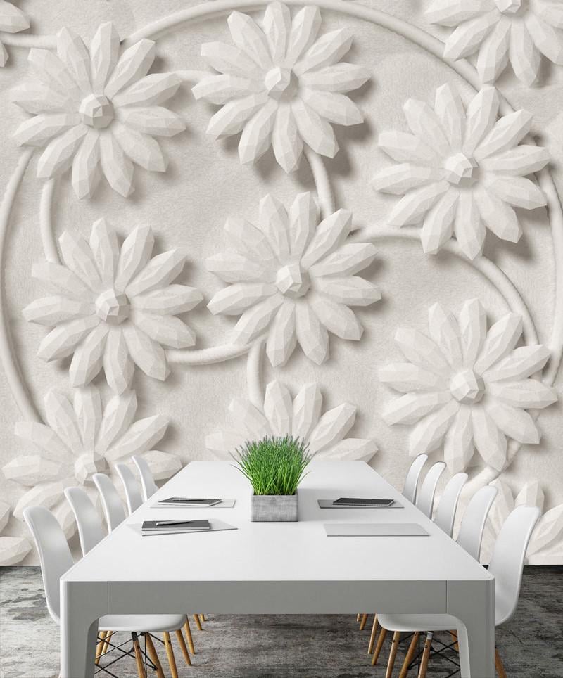 Фотообои 3D флизелиновые цветочные для спальни/зала/кухни Белые ромашки на белом фоне