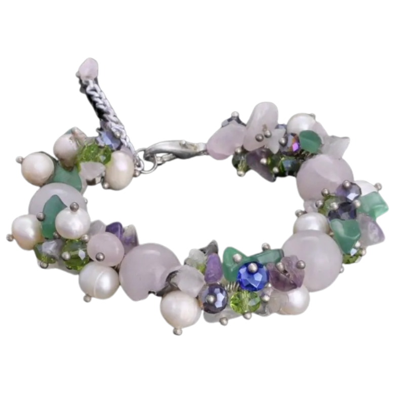 Браслет из розового кварца с жемчугом/аметистом и нефритом регулируемый 12 мм