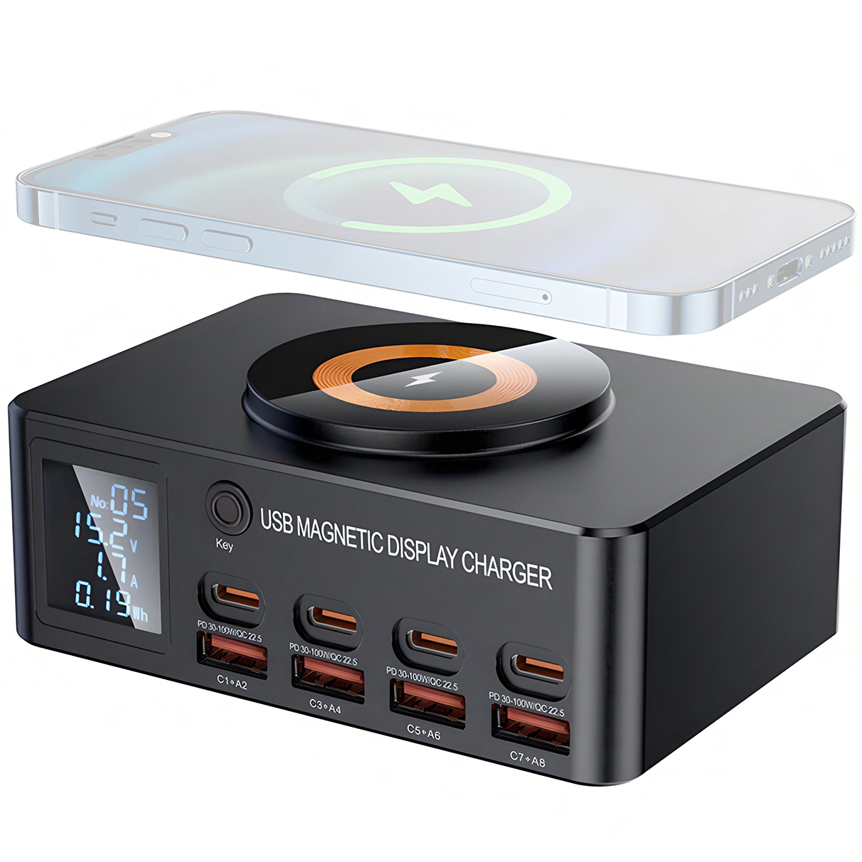 Док-станція зарядна Addap MCS-818DP/4 роз'єми Type-C PD 100 W/4 роз'єми USB QC3.0/бездротова панель 15 W - фото 2