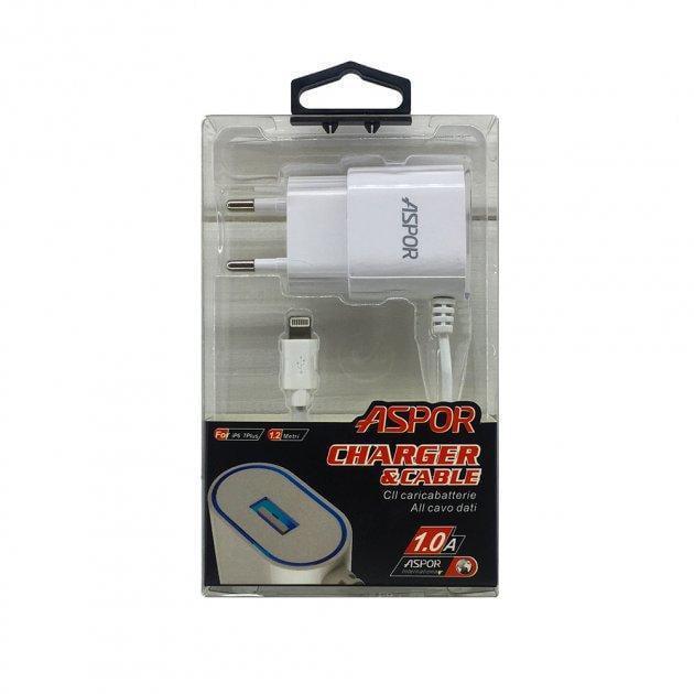 Зарядний пристрій мережевий Aspor A802 1USB 1A LED з USB-кабелем Lightning Білий (1858272802) - фото 2 Зарядний пристрій мережевий Aspor A802 1USB 1A LED з USB-кабелем Lightning Білий (1858272802) - фото 2