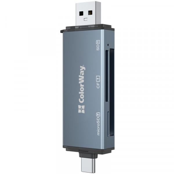 Кардидер Card Reader ColorWay USB 2.0/Type-C для CF/SD/MicroSD Grey (CW-CR-01)