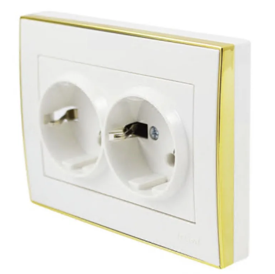 Розетка двомісна Lezard Rain з заземленням з боковою вставкою Білий/Золотий (26439835)
